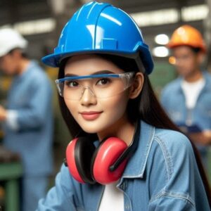 wanita memakai safety glass, ear muff, and safety helmet