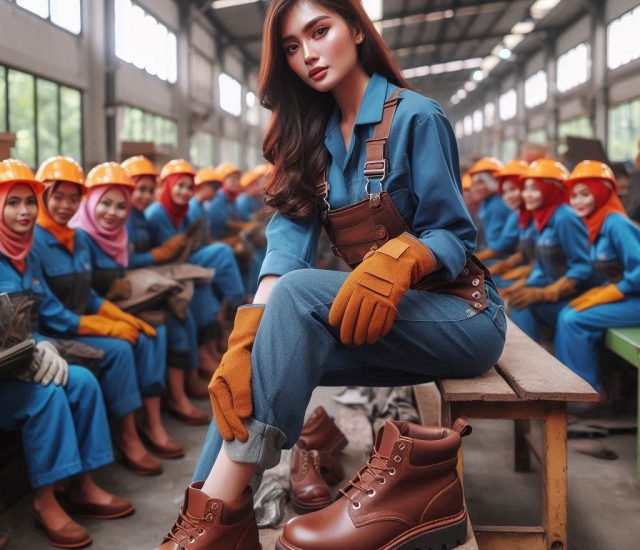 pekerja perempuan, safety gloves dan safety shoes
