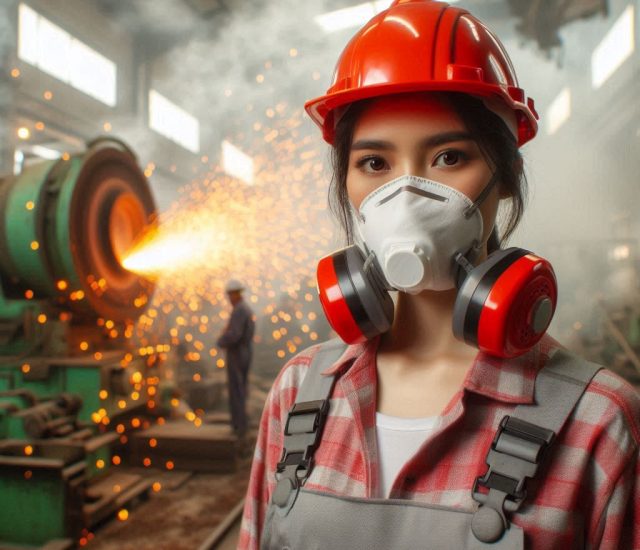 pekerja perempuan memakai respiratory protection di pabrik