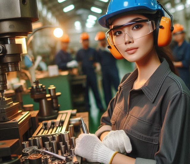 pekerja wanita menggunakan pelindung telinga dan safety helmet di pabrik