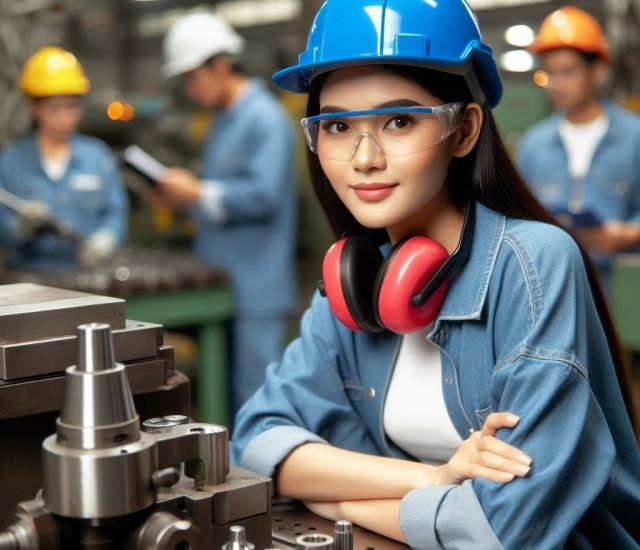 pekerja perempuan menggunakan kacamata safety di pabrik